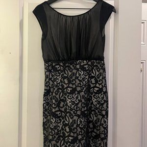 Max Studio Womens Dress Small Black Ivory Lace Bottom Capsleeve Ruffle Back.